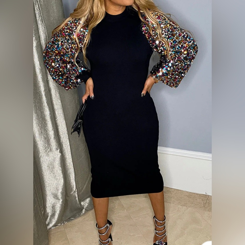 Elegant Black Dress with Sequin Sleeves-Small